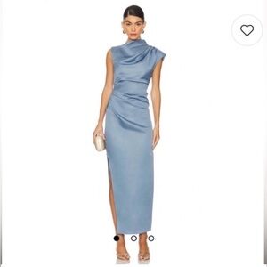 Elliatt coralie blue sateen high neckline draped slit detail maxi dress Large